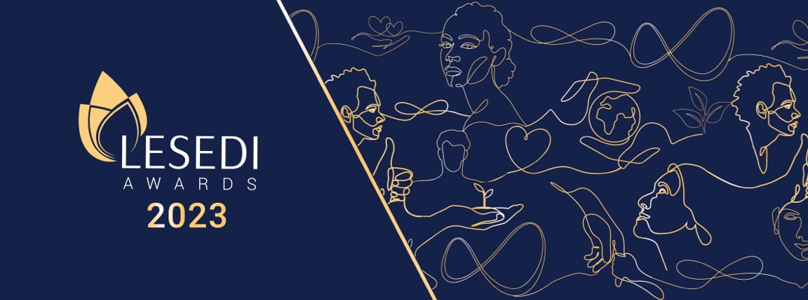 Blue and gold Lesidi Awards banner showing the 2023 logo and illustrations of various people's faces.